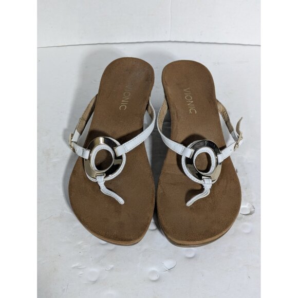 Vionic Wedge Sandals White Gold Metal Circle Adjustable Buckle Women's Size 7.5 - Picture 10 of 14